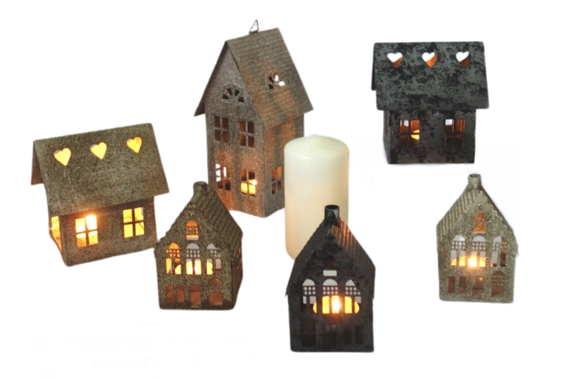 Plechové domečky, svícny a zvonky